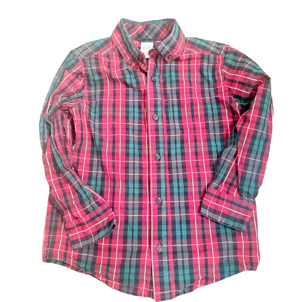 Gymboree Boys Size 7 Red Green Gray Plaid Cotton Long Sleeve Button-Up Shirt